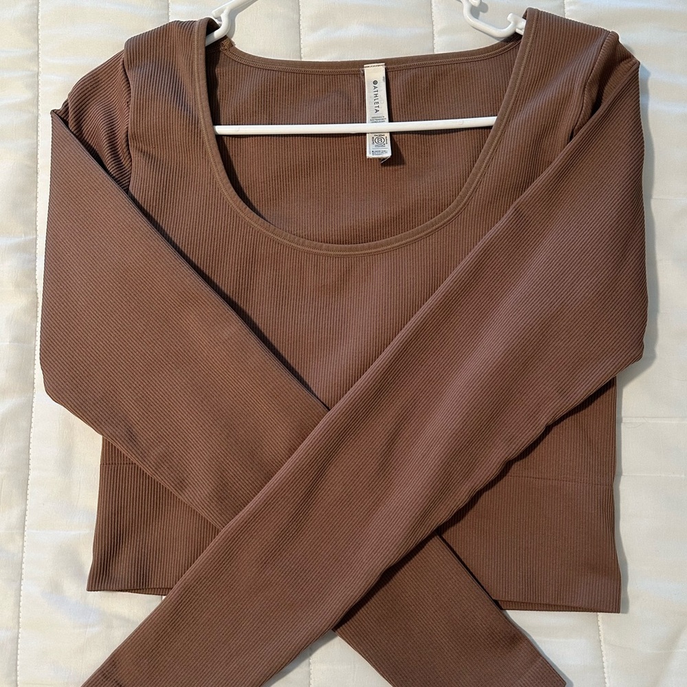 Athleta Ribbed Long Sleeve Scoop Neck Top - Brown